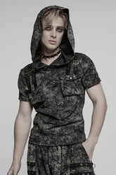 Grey Short Sleeves Big-pocket Tie-dyed Hooded Men's Punk T-Shirt